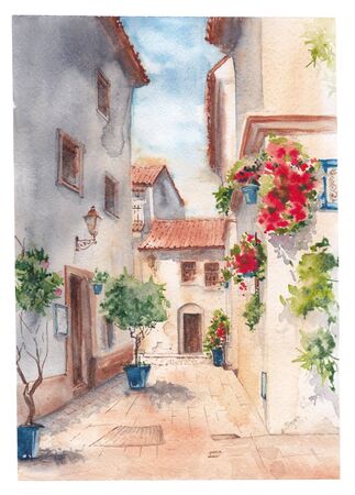 Sunny Spain. Houses with flowers on a narrow street. Watercolor.の写真素材