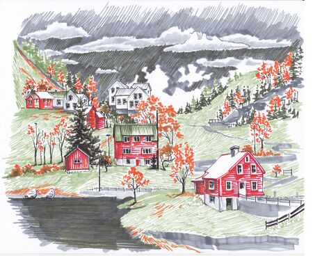 Houses and hills near the Norwegian fjord. Sketch the markers.の写真素材