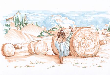 A girl in the sunny fields of Tuscany. Sketch the markers.の写真素材