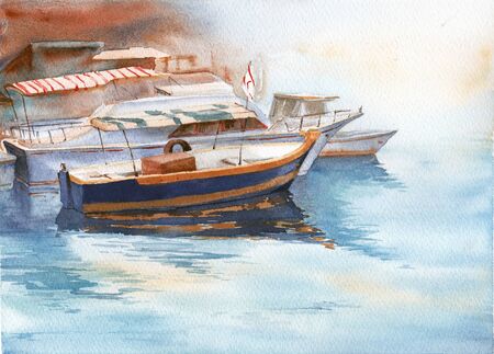Boats at the pier. Watercolor paintingの写真素材