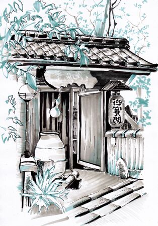 Japanese architecture. Urban sketching.の写真素材