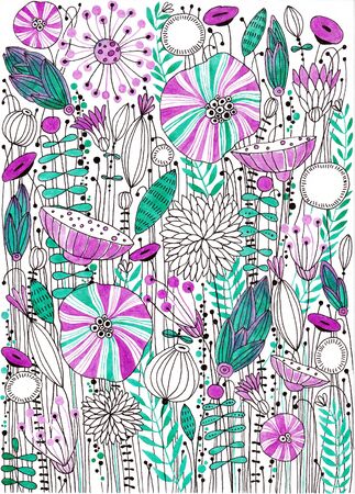 Stylized flowers. Summer glade. Ink drawing.の写真素材