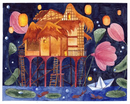 Night landscape. House on the water in the oriental style. Watercolor illustration.の写真素材