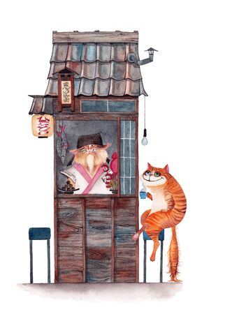 Japanese fast food. Stylized diner with a visitor. Watercolor.の写真素材