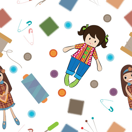 Doll with Sewing Tools Pattern Vectorのイラスト素材