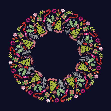 Christmas Wreath with Round Frame for Cards Design Vector Layout with Copyspace Can be use for Decorative Kit, Invitations, Greeting Cards, Blogs, Posters, Merry Christmas and Happy New Year.のイラスト素材