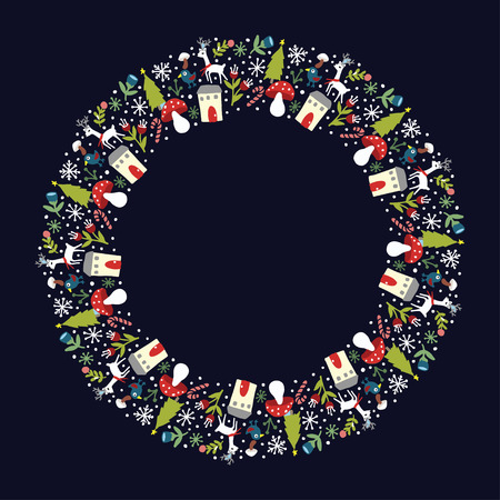 Christmas Wreath with Round Frame for Cards Design Vector Layout with Copyspace Can be use for Decorative Kit, Invitations, Greeting Cards, Blogs, Posters, Merry Christmas and Happy New Year.のイラスト素材