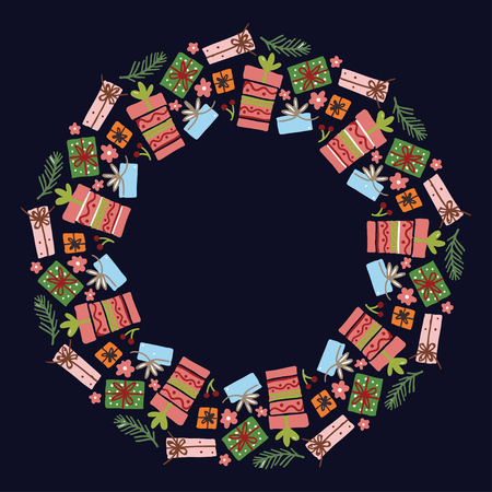 Christmas Wreath with Round Frame for Cards Design Vector Layout with Copyspace Can be use for Decorative Kit, Invitations, Greeting Cards, Blogs, Posters, Merry Christmas and Happy New Year.のイラスト素材