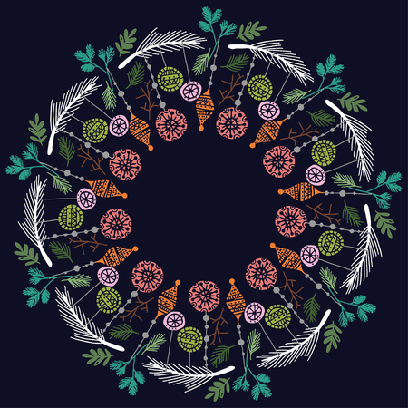 Christmas Wreath with Round Frame for Cards Design Vector Layout with Copyspace Can be use for Decorative Kit, Invitations, Greeting Cards, Blogs, Posters, Merry Christmas and Happy New Year.のイラスト素材