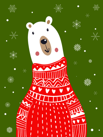 Polar Bear Scarf Cartoon with Christmas Festival and Snow Winter Vector.のイラスト素材