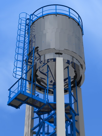 Shiny silver water tower out of steel. 3D rendering. Engineering, architectural and industrial background.の写真素材