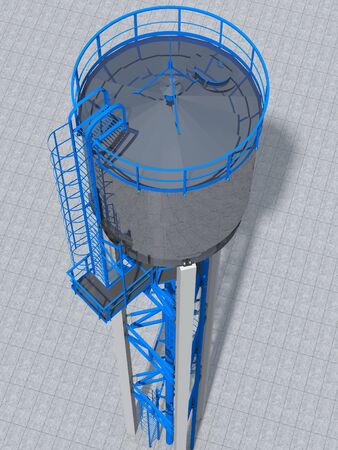 Shiny silver water tower out of steel. 3D rendering. Engineering, architectural and industrial background.の写真素材