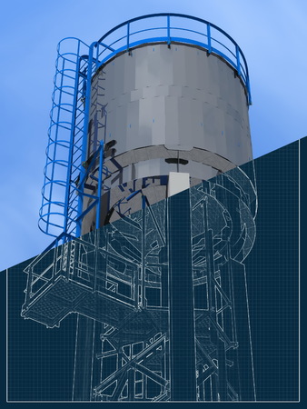 Shiny water tower out of steel. 3D rendering of the model. Blueprint.の写真素材