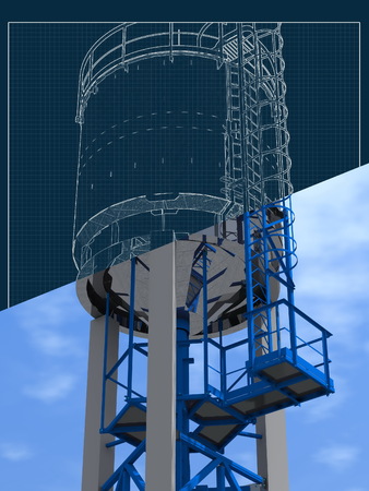 Shiny water tower out of steel. 3D rendering of the model. Blueprint.の写真素材