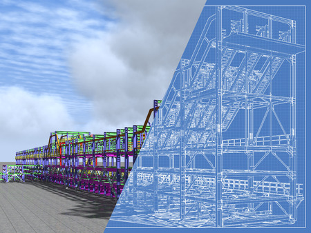 The model and blueprint of gas and oil metal rack. 3D rendering.の写真素材