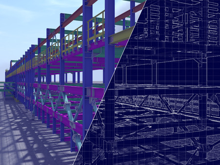3D rendering and blueprint. The construction of flyovers of metal structures and drawing on a blue background.の写真素材