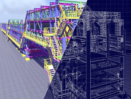 3D rendering and blueprint. The construction of flyovers of metal structures and drawing on a blue background.の写真素材