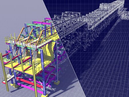 3D rendering and blueprint. The construction of flyovers of metal structures and drawing on a blue background.の写真素材