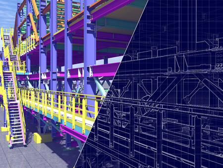 3D rendering and blueprint. The construction of flyovers of metal structures and drawing on a blue background.の写真素材