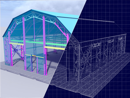 3D rendering and blueprint. The project hangar, warehouse, garage with glazing. Drawing on a blue background.の写真素材