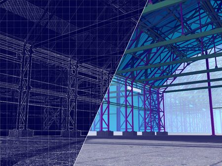 3D rendering and blueprint. The project hangar, warehouse, garage with glazing. Drawing on a blue background.の写真素材