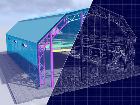 3D rendering and blueprint. The project hangar, warehouse, garage with glazing. Drawing on a blue background.の写真素材