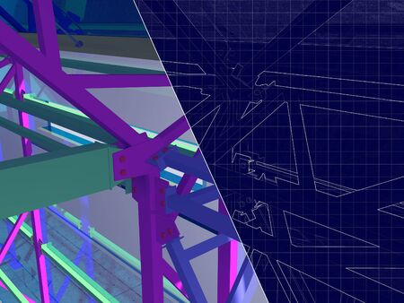 3D rendering and blueprint. The project hangar, warehouse, garage with glazing. Drawing on a blue background.の写真素材