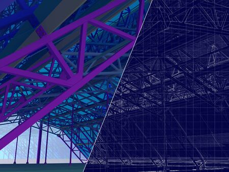 3D rendering and blueprint. The project hangar, warehouse, garage with glazing. Drawing on a blue background.の写真素材