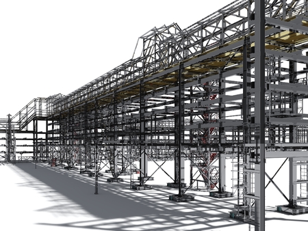 Shiny overpass for cables, gas and oil pipelines from columns, beams and ties. Architectural, engineering and construction hair dryer. 3D rendering isolated.の写真素材