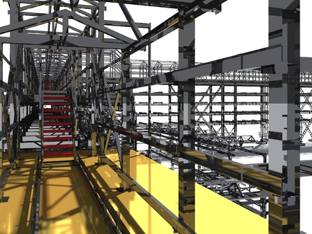 Shiny overpass for cables, gas and oil pipelines from columns, beams and ties. Architectural, engineering and construction hair dryer. 3D rendering isolated.の写真素材