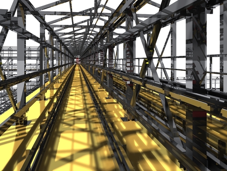 Shiny overpass for cables, gas and oil pipelines from columns, beams and ties. Architectural, engineering and construction hair dryer. 3D rendering isolated.の写真素材
