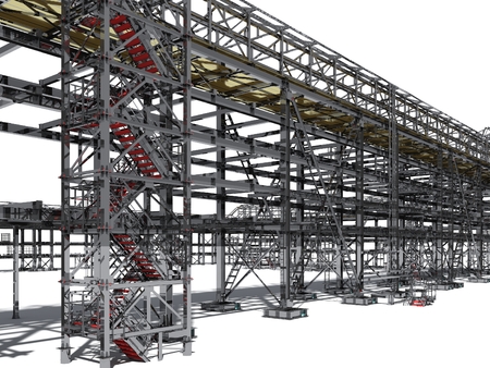Shiny overpass for cables, gas and oil pipelines from columns, beams and ties. Architectural, engineering and construction hair dryer. 3D rendering isolated.の写真素材