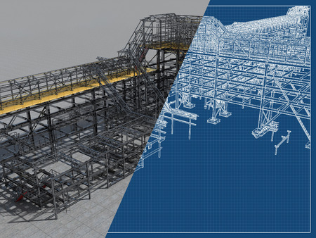 Shiny overpass for cables, gas and oil pipelines from columns, beams and ties. Architectural, engineering and construction hair dryer. 3D rendering and blueprint.の写真素材