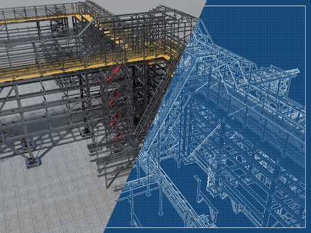 Shiny overpass for cables, gas and oil pipelines from columns, beams and ties. Architectural, engineering and construction hair dryer. 3D rendering and blueprint.の写真素材