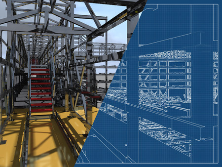 Shiny overpass for cables, gas and oil pipelines from columns, beams and ties. Architectural, engineering and construction hair dryer. 3D rendering and blueprint.の写真素材
