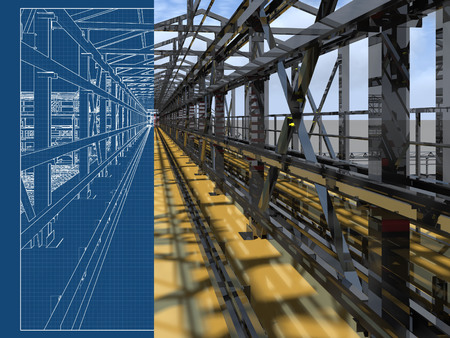 Shiny overpass for cables, gas and oil pipelines from columns, beams and ties. Architectural, engineering and construction hair dryer. 3D rendering and blueprint.の写真素材