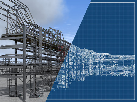 Shiny overpass for cables, gas and oil pipelines from columns, beams and ties. Architectural, engineering and construction hair dryer. 3D rendering and blueprint.の写真素材