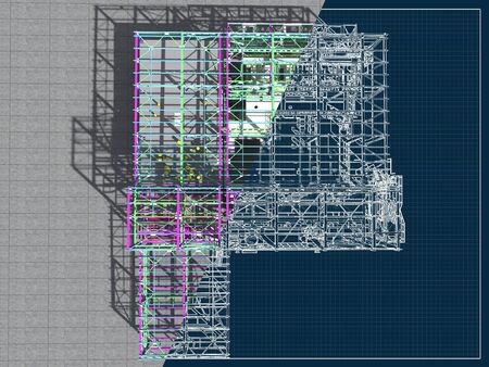 3D rendering and drawing on a blue background of metal buildings. Engineering background. The architectural background.の写真素材