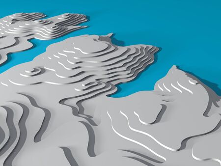 3D Topographic map background concept. Topo map. Rendering. 3D rendering abstract illustration. Hills, valleys and mountains. Geography concept. Wavy backdrop. Cartography and topology.の写真素材