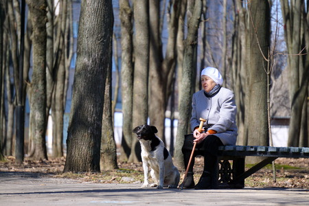 BELARUS, GOMEL - APRIL 09, 2018: An elderly woman on a bench with a dog in the spring Park.のeditorial素材