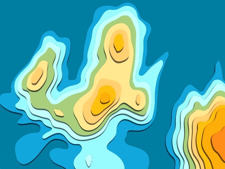 3D digital conceptual high-altitude topographic map. Sea, Peninsula, mountains, hills, valleys. 3D rendering, abstract drawing. The concept maps. Rugged terrain. Cartography and topology.の写真素材