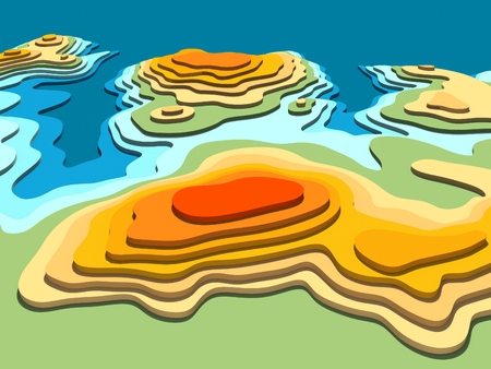 3D digital conceptual high-altitude topographic map. Sea, Peninsula, mountains, hills, valleys. 3D rendering, abstract drawing. The concept maps. Rugged terrain. Cartography and topology.の写真素材