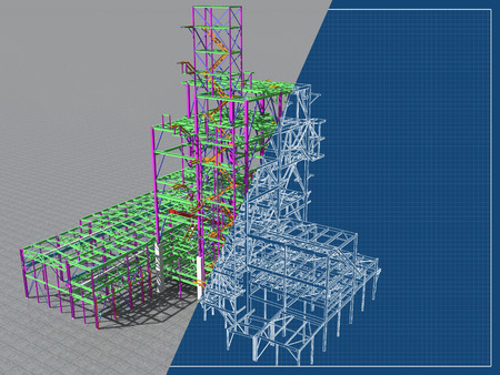 3D model of an industrial building made of metal structures. Abstract background of construction, design, installation and survey. 3D rendering. Blueprint.の写真素材
