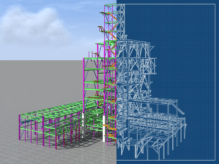3D model of an industrial building made of metal structures. Abstract background of construction, design, installation and survey. 3D rendering. Blueprint.の写真素材