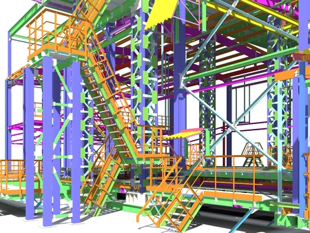 3D rendering of a model of a building construction structure made of metal structures. 3D engineering project. Architectural, engineering and construction background.の写真素材