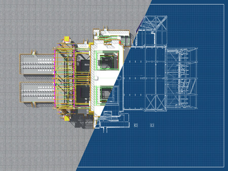 3D rendering of a model of a building construction structure made of metal structures. 3D engineering project. Architectural, engineering and construction background. Blueprint.の写真素材
