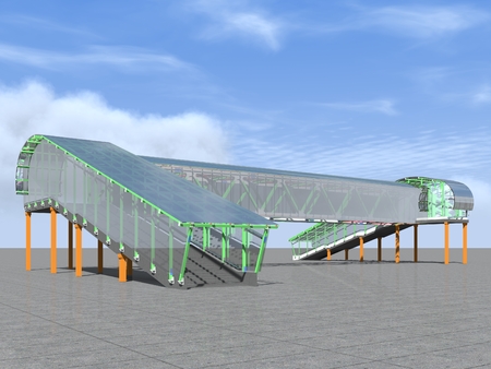 Modern elevated pedestrian crossing of glass and metal. 3D rendering. Structure of metal beams, concrete columns and glass.の写真素材
