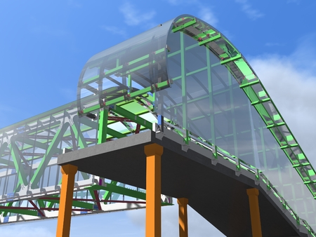 Modern elevated pedestrian crossing of glass and metal. 3D rendering. Structure of metal beams, concrete columns and glass.の写真素材