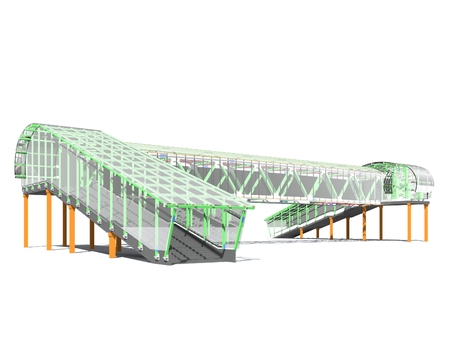 Modern elevated pedestrian crossing of glass and metal. 3D rendering. Structure of metal beams, concrete columns and glass. Isolated on white background.の写真素材
