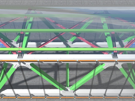 Modern elevated pedestrian crossing of glass and metal. 3D rendering. Structure of metal beams, concrete columns and glass.の写真素材